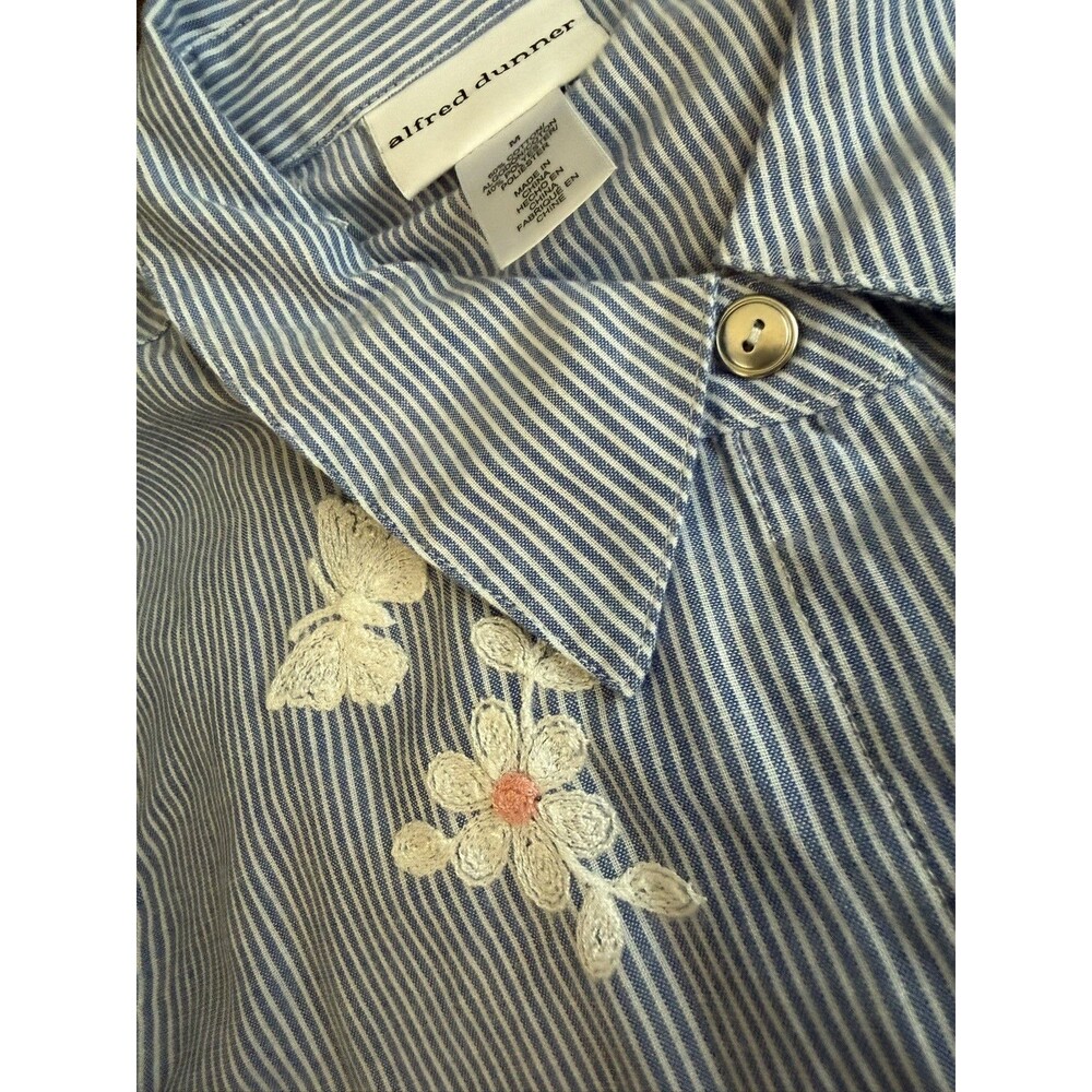 Alfred Dunner Button-Up Top Womens M Blue White Striped Collared 3/4 Sleeve